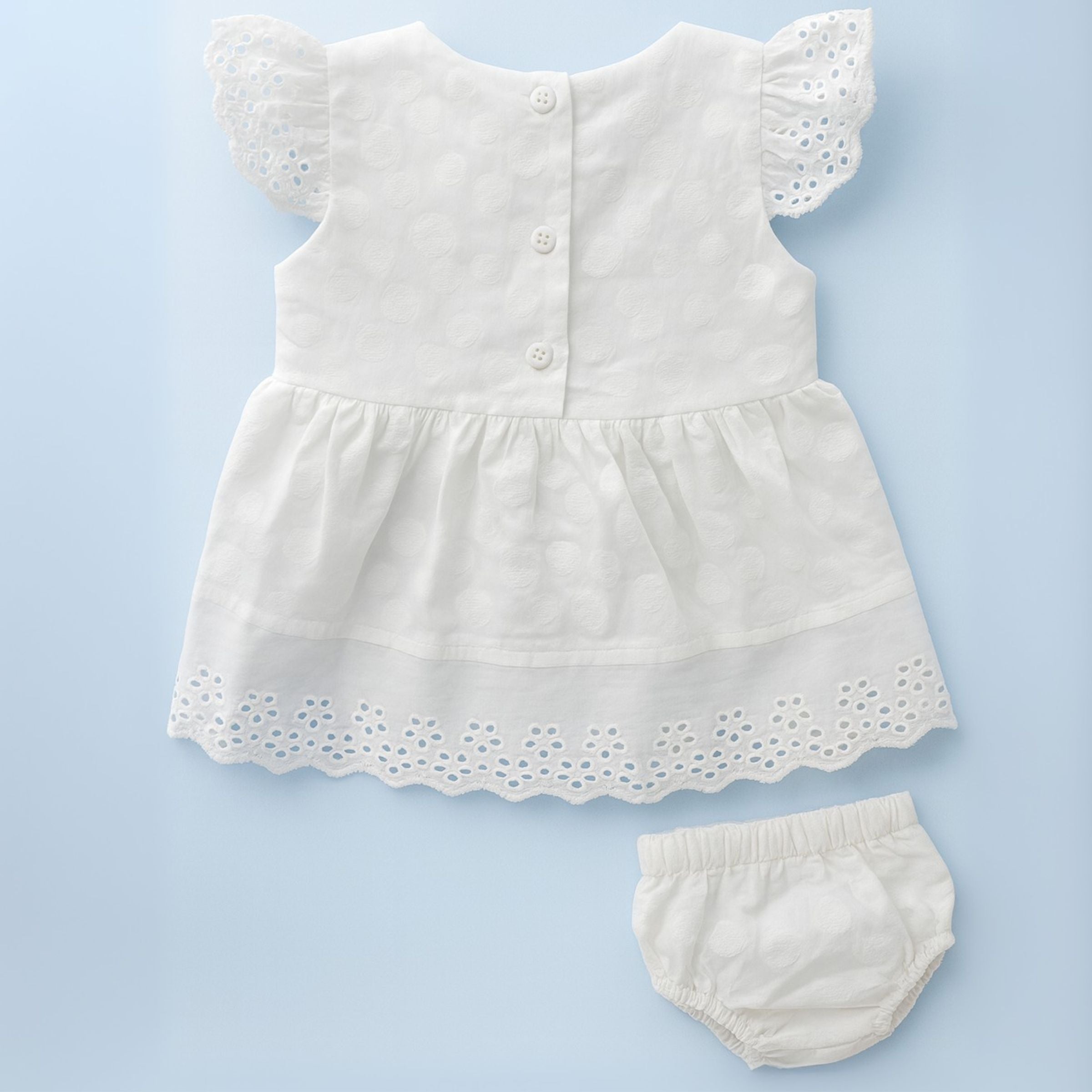 TOFFY HOUSE White Cotton Frock Set with Bloomer – Eyelet Lace & Bow | Soft & Elegant | New Born to 9 months