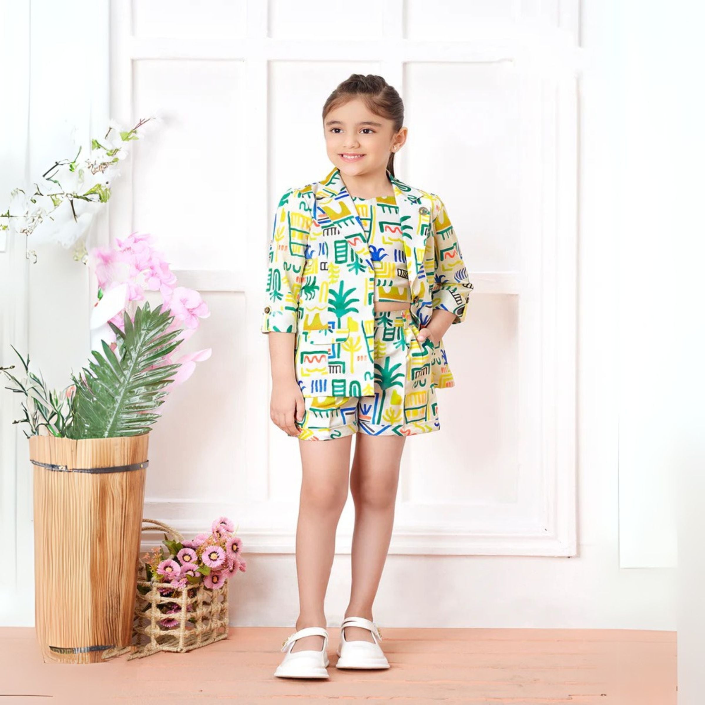 Tiny Baby Yellow Colored Girls 3pis printed Crop Top , Short With Jacket Set