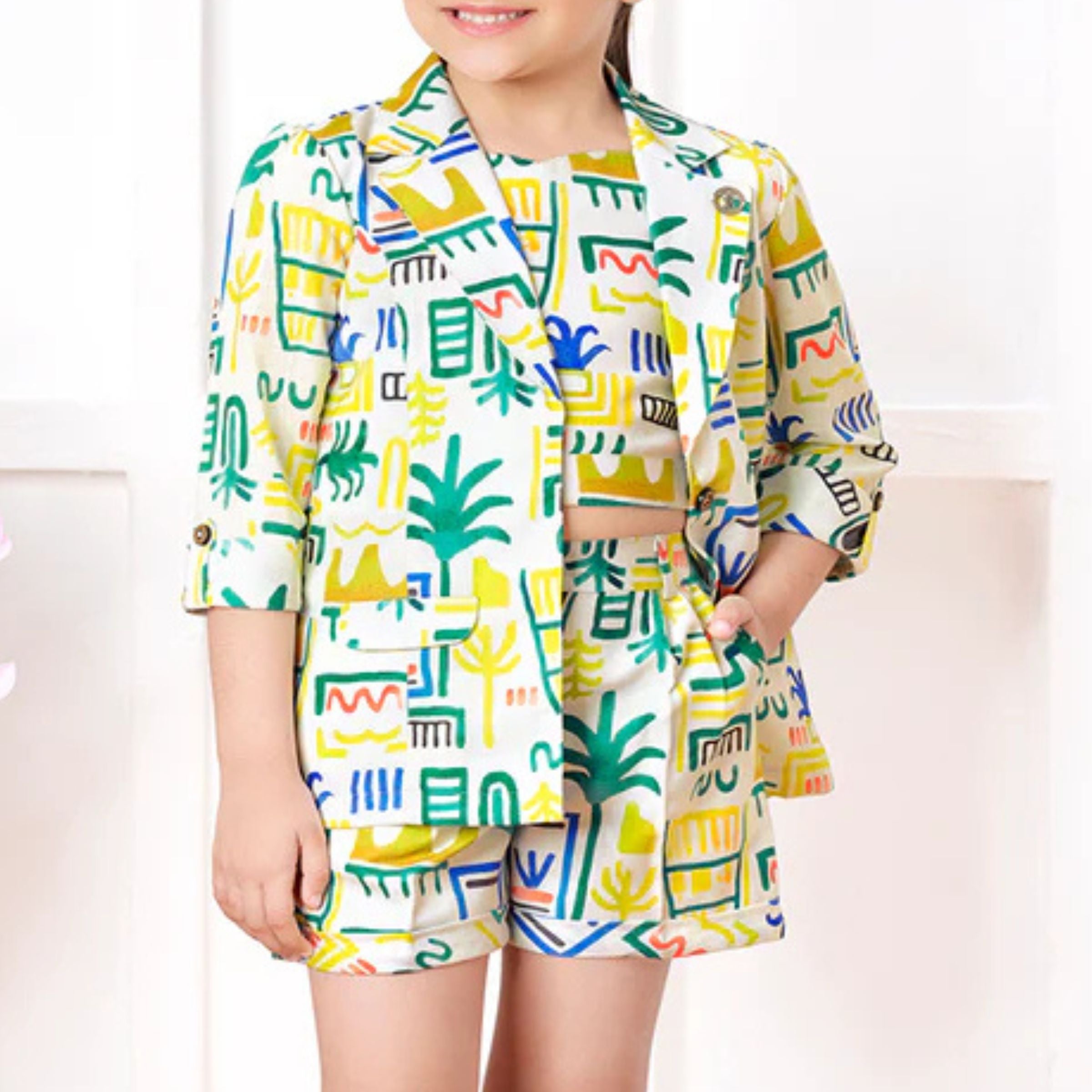 Tiny Baby Yellow Colored Girls 3pis printed Crop Top , Short With Jacket Set