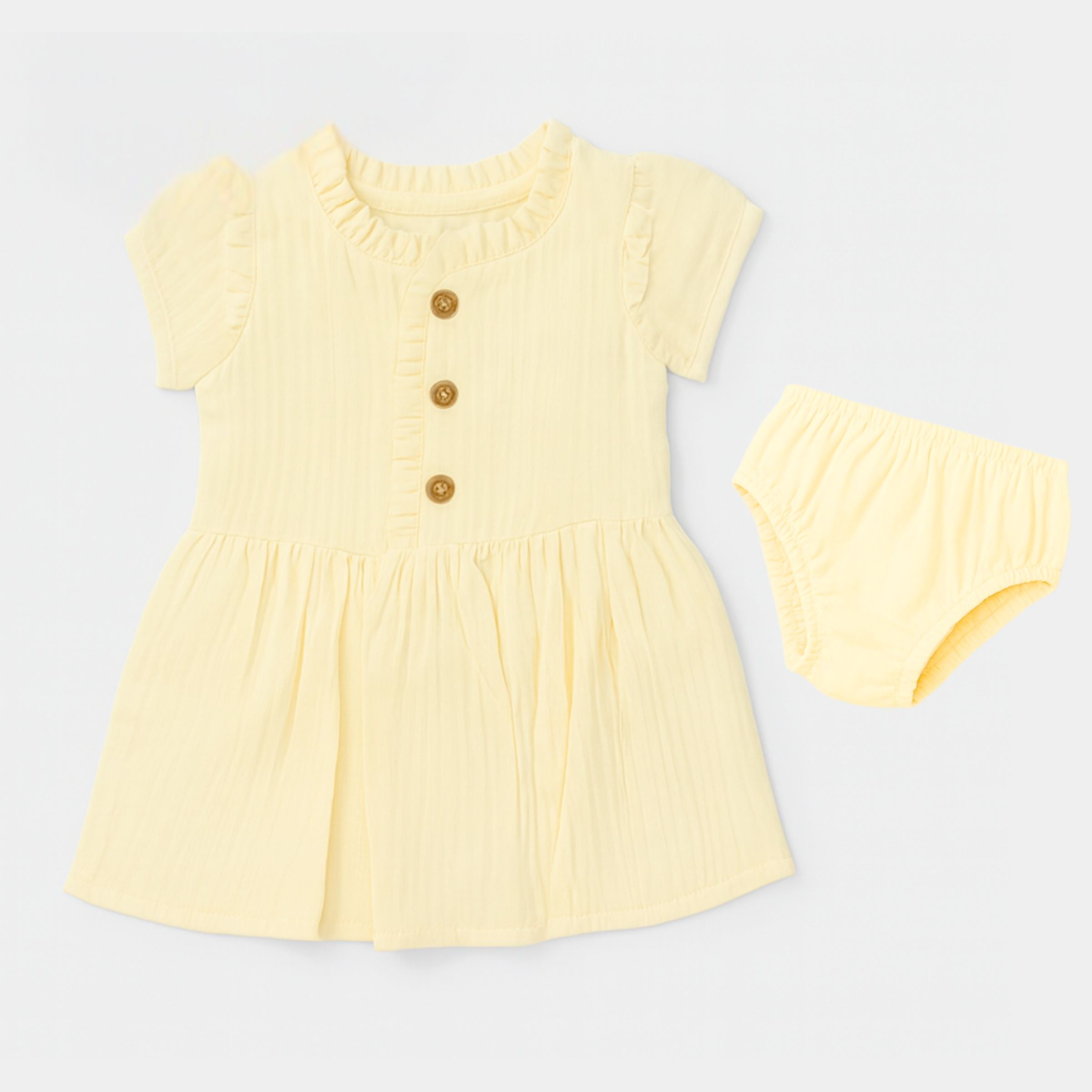 TOFFY HOUSE Girls’ Summer Cotton Frock – Soft Yellow | Ruffle Neckline & Wooden Buttons | New Born – 9 Months