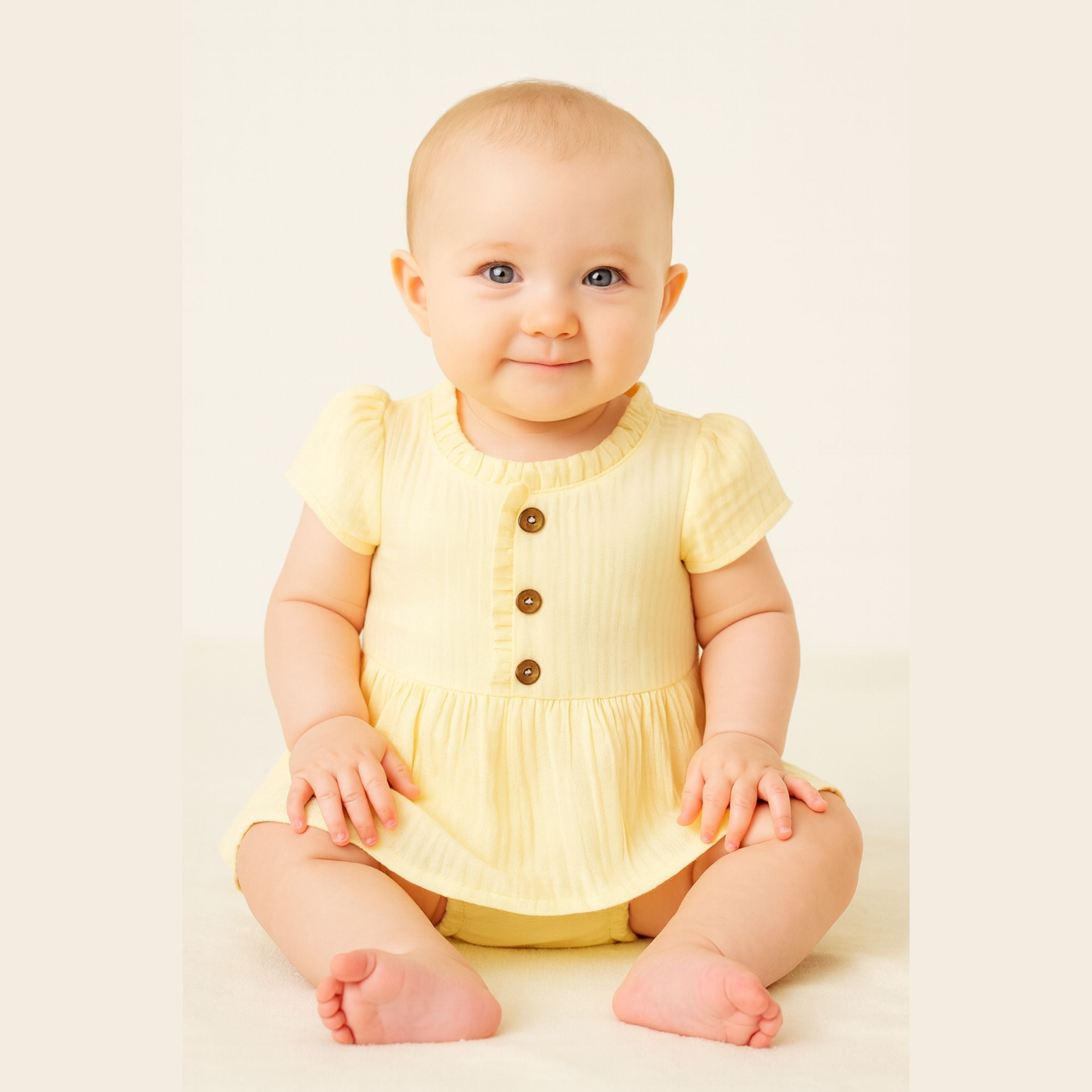 TOFFY HOUSE Girls’ Summer Cotton Frock – Soft Yellow | Ruffle Neckline & Wooden Buttons | New Born – 9 Months