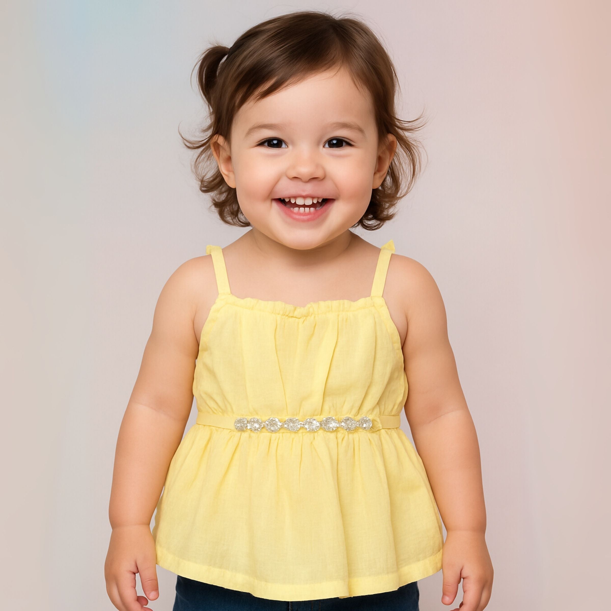 Reverse X-Treme Baby Girl Dress with Sparkling Rhinestone Belt – White & Yellow