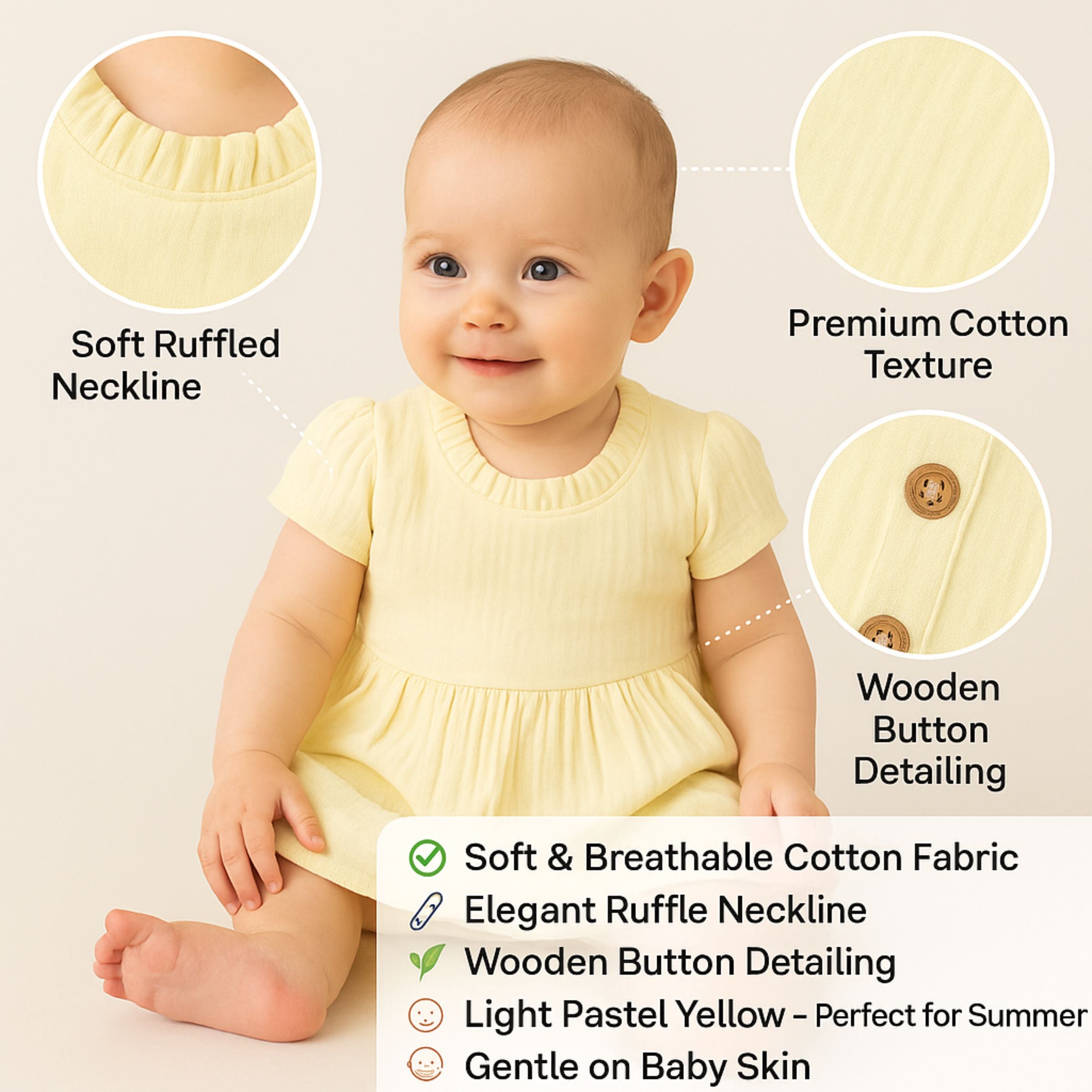 TOFFY HOUSE Girls’ Summer Cotton Frock – Soft Yellow | Ruffle Neckline & Wooden Buttons | New Born – 9 Months