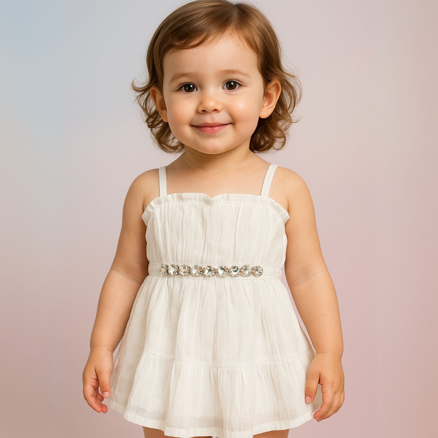 Reverse X-Treme Baby Girl Dress with Sparkling Rhinestone Belt – White & Yellow